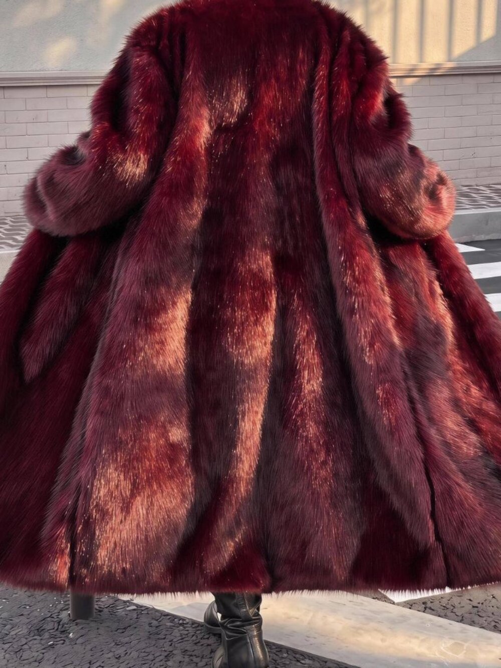 Burgundy Preppy Women's Plus Size Faux Fur Long Sleeve Thick Coat